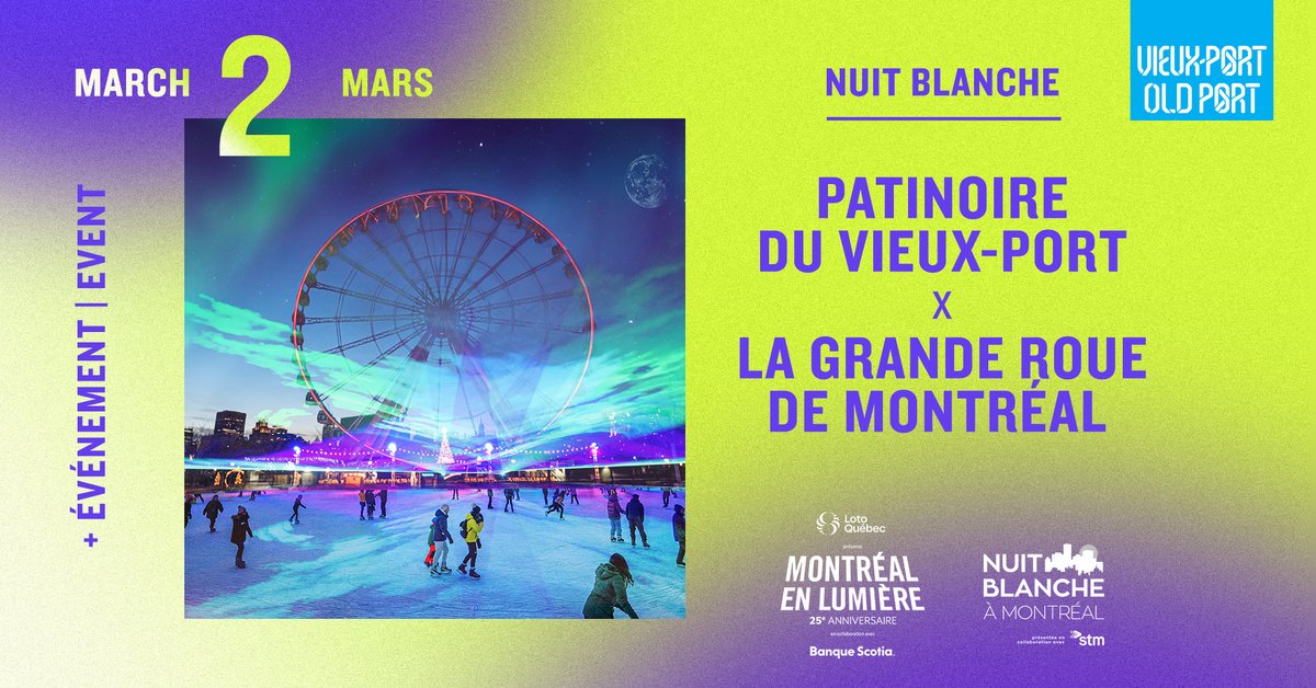 🌟✨Come experience @NuitblancheMTL at the Old Port! Join us on March 2nd, from 7pm to 1am for a magical night that will include a visual symphony of sounds at the Grande Roue de Montréal and a Nordic Magic laser show at the Old Port Skating Rink!  🌜🎉🌙 #NBMTL