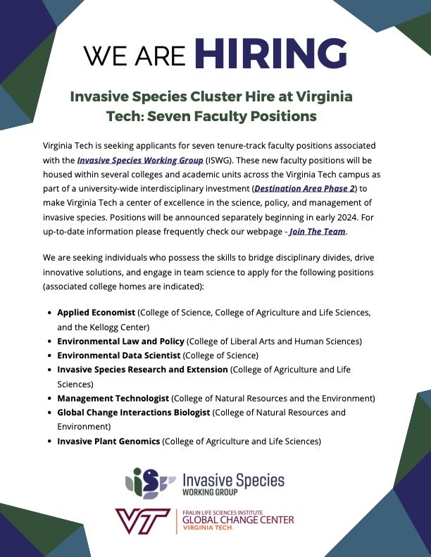 The @ISWGvt is thrilled to announce an invasive species-based cluster hire @virginia_tech for 7 new tenure track faculty! We are seeking individuals who possess the skills to bridge disciplinary divides, drive innovative solutions, and engage in team science. 🧵