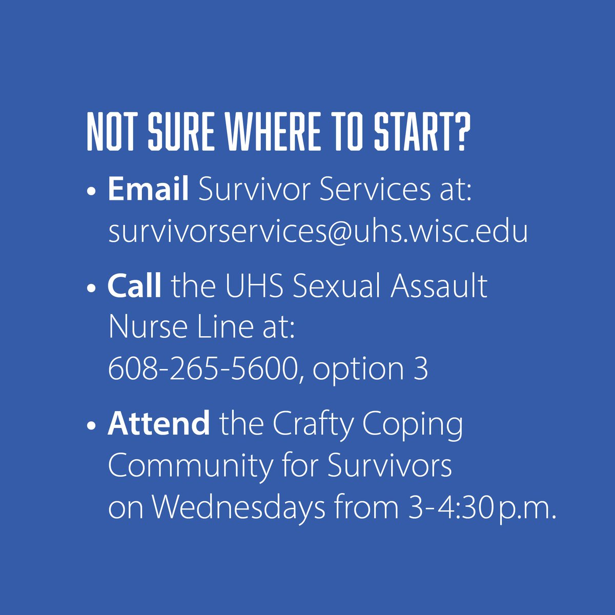 UHS Survivor Services provides confidential, no-cost support to UW-Madison students who have experienced dating violence, stalking, sexual harassment, and sexual assault. Connect with Survivor Services at uhs.wisc.edu/survivor-servi…