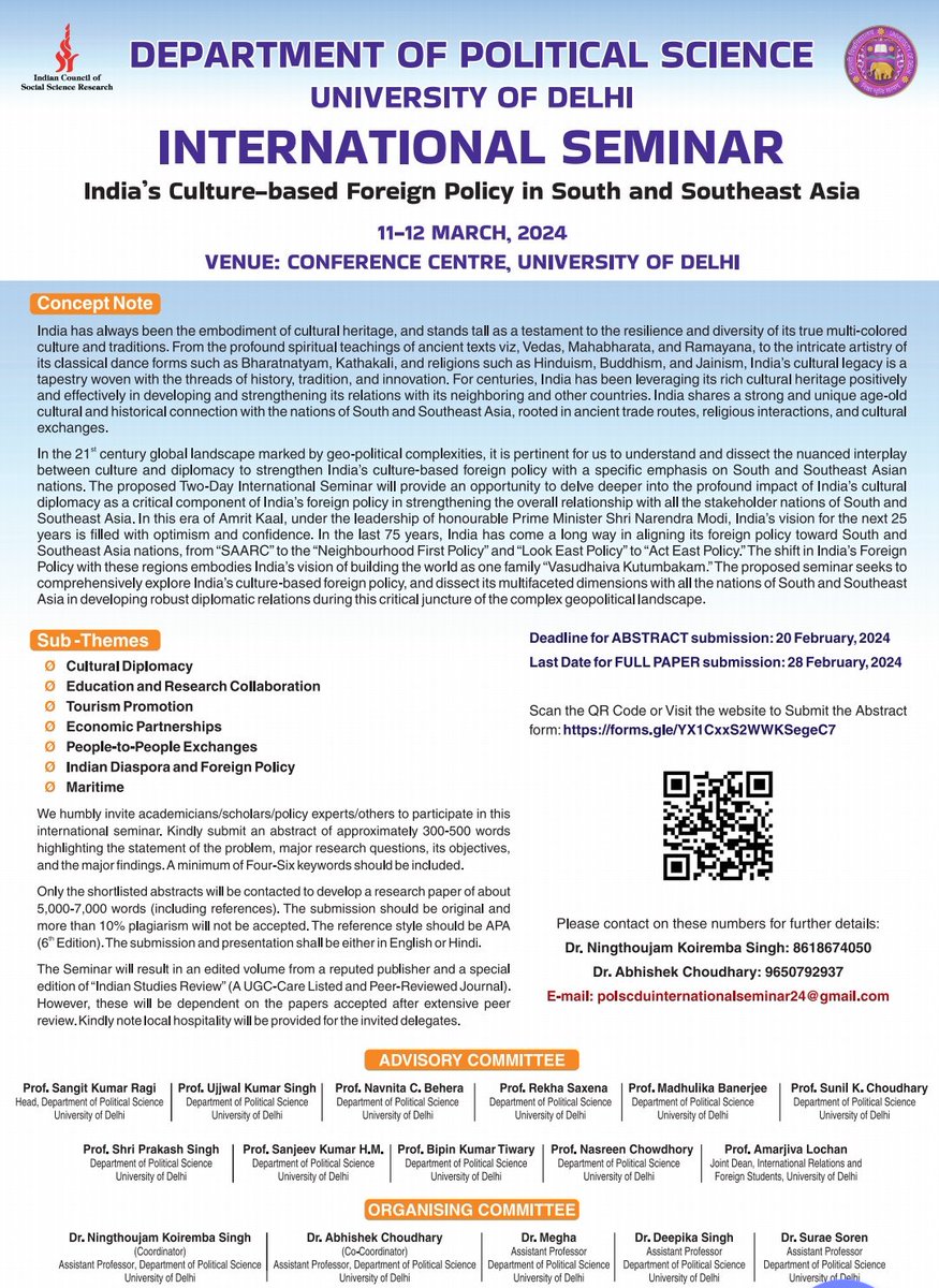 📢 Calling all academicians! Join us at the International Seminar on India's Culture-based Foreign Policy in South and Southeast Asia. Submit your abstract by Feb 20, 2024, and be part of this enriching discourse! #IndiaForeignPolicy #AcademicConference