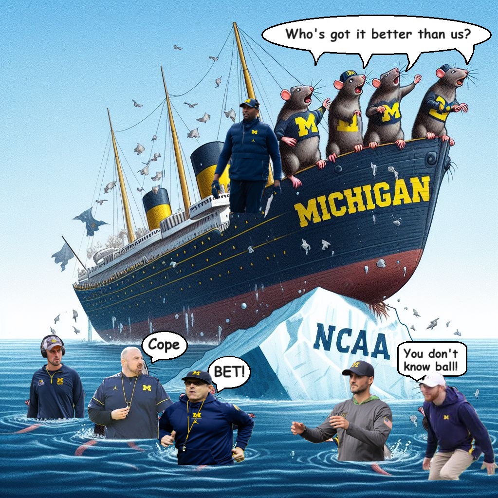 MichiganSucks8's tweet photo. This is the best Harbaugh leaving the sinking ship meme ive seen! 🤣🤣 #Cheaters #abandonship
#cryingmoore #MichiganSucks https://t.co/urbzc9G1Cr