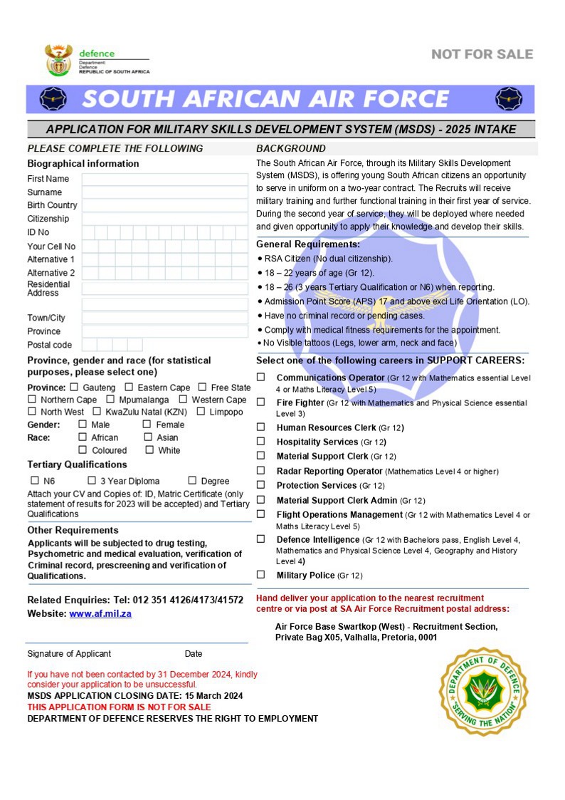 deanwingrin's tweet image. #SANDF MSDS Application Forms 2025 now available!

Closing date: 15 March 2024

- SA Airforce (Not pilot/navigator)
- SA Army
- SA Navy
- SA Military Health Service

Good luck!
#SAAF #SAArmy #SANavy