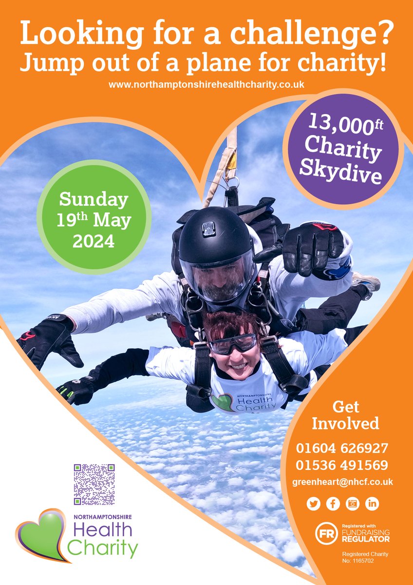 "Ready to soar for a cause? 🛩️

Join us for an adrenaline-fueled adventure on May 19th, 2024, as we skydive with Northamptonshire Health Charity! 💚 Take the leap and experience the ultimate thrill and support a fantastic cause. Don't miss out on this unforgettable opportunity!