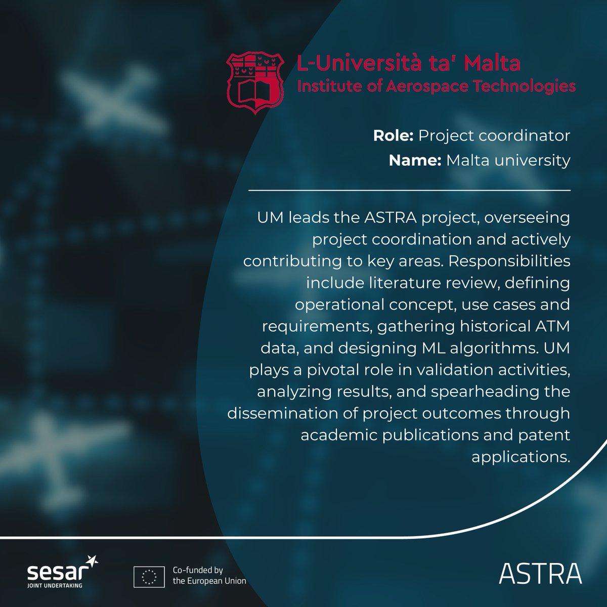 ASTRAsesar's tweet photo. 🤝 meet #ASTRA cosortium!

The University of Malta (UM) stands as the foremost higher #education institution in Malta. As project coordinator it's involved in several tasks, read the card below to know all of them!

Stay tuned for future insights ✈ https://t.co/4AFHHBixwb