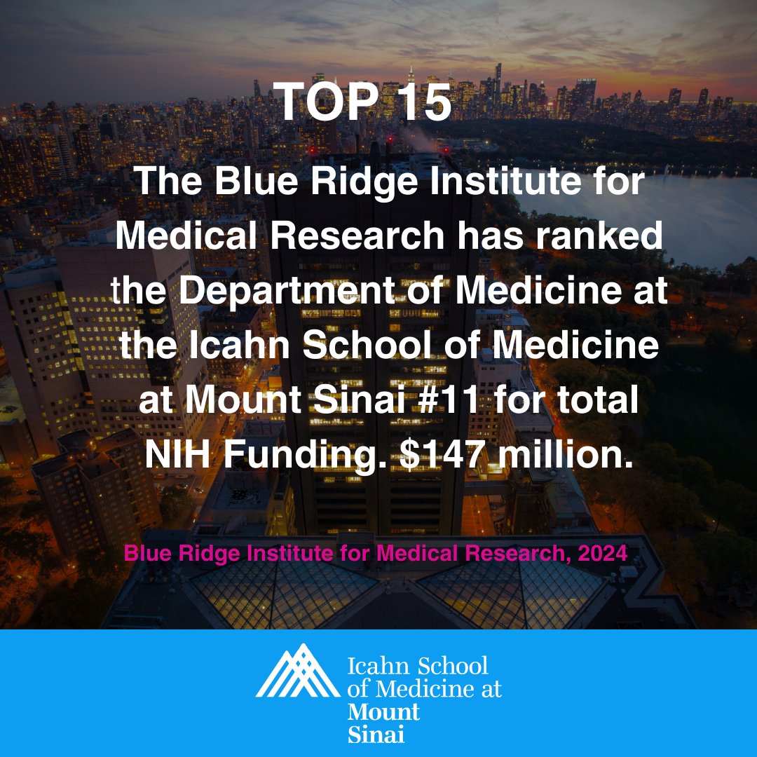 Celebrating excellence in medical research: We are thrilled to share that the Department of Medicine at the Icahn School of Medicine at Mount Sinai has been ranked #11 by the Blue Ridge Institute for Medical Research in total NIH funding, securing $147 million for groundbreaking…