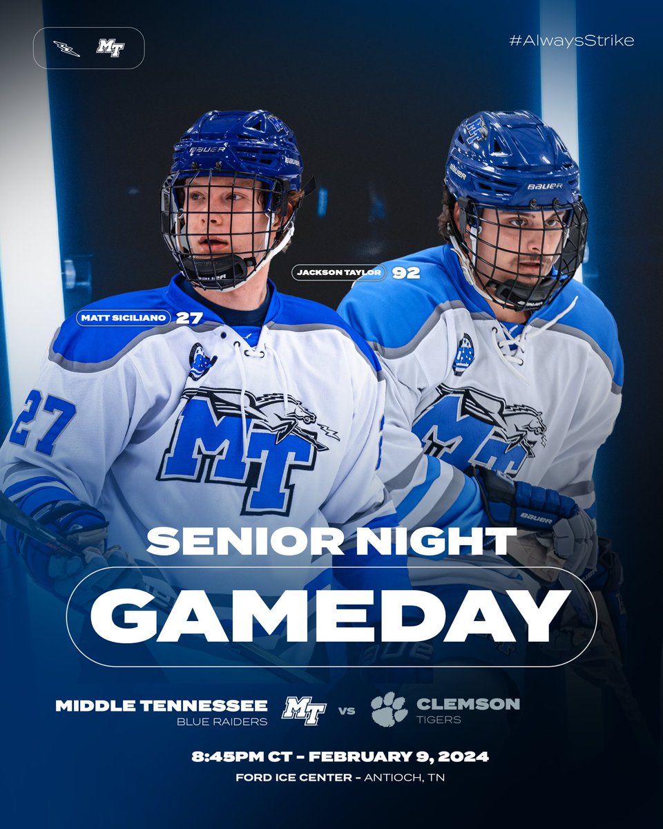 MTSUhockey's tweet photo. ⚡️⚡️⚡️ITS GAMEDAY AND SENIOR NIGHT⚡️⚡️⚡️

⏱️ - 8:45 PM
📍 - Ford Ice Center - Antioch
🆚 - @ClemsonHockey 
📺 - Penalty Box Radio (Facebook)

#AlwaysStrike⚡️ https://t.co/pcMB7Z5yYP