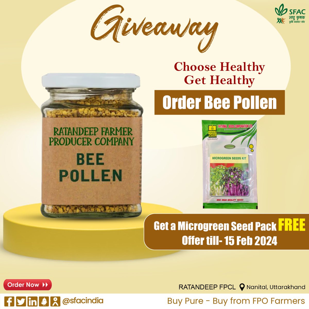 Giveaway!!

1 healthy choice deserves another. For every order on BEE POLLEN till  15 february, 2024, get a microgreen seed pack FREE.

Order at-
mystore.in/en/product/bee…

Bee🐝Pure.

#NBB #HealthyChoices #HealthyLife #honey #honeybee #HealthyIndia #healthylifestyle #VocalForLocal