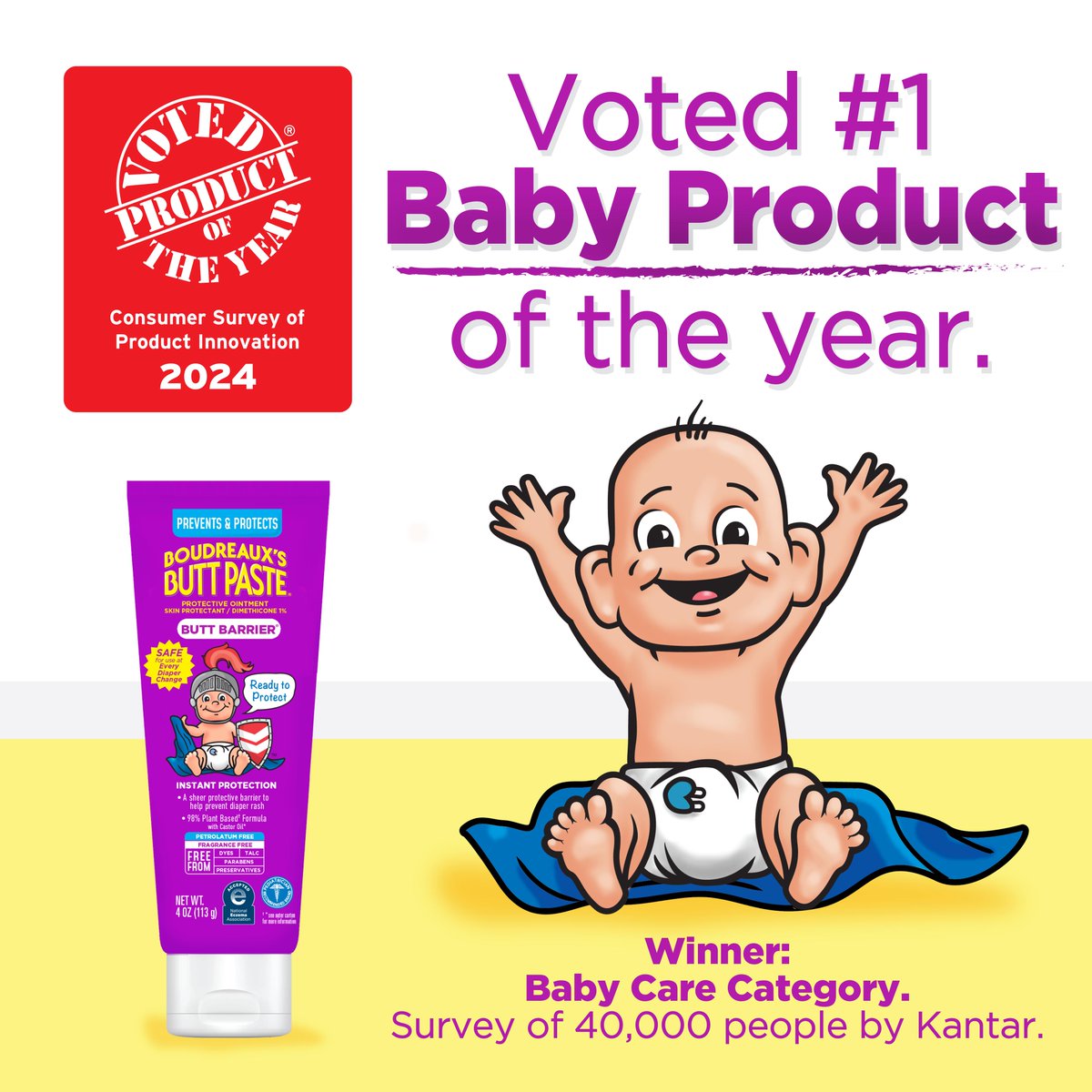 buttpaste's tweet image. 📢 Announcing Boudreaux&apos;s Butt Barrier Ointment was voted the #1 Product of the Year in the baby care category @poy_usa

It is made for sensitive skin and helps prevent diaper rash by providing a sheer barrier to seal out moisture for instant protection #buttbarrier