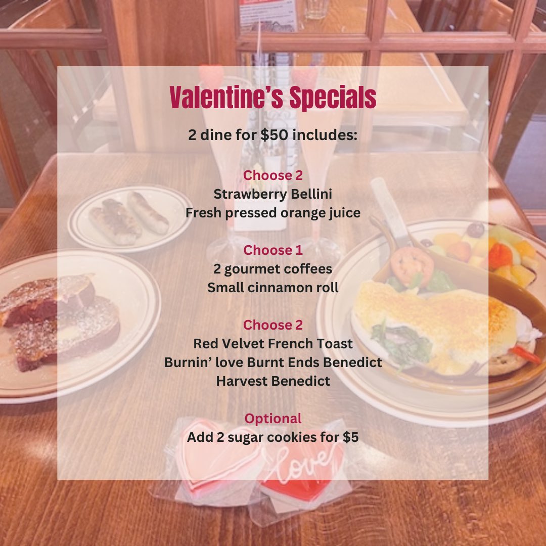 Wake up to love (and delicious food) with our 2 for $50 Valentine's Day specials this Saturday and Sunday. Come spend quality time with your sweetheart over heart-y food and heartfelt conversation.