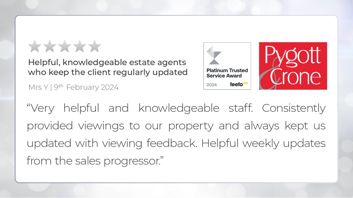 5 STARS FOR OUR SPALDING TEAM! ⭐️ 👏

Begin your property journey with us at pygott-crone.com &amp; benefit from our Feefo Platinum Trusted Service! ✅ 🔴

Book your FREE valuation here 👉 pygotts.uk/move
