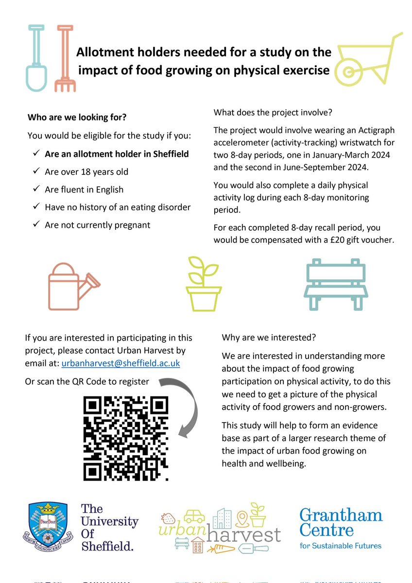 We're recruiting a new cohort of Sheffield allotment holders for our study on the impact of food growing on exercise (tinyurl.com/hk8uvbuc)! Details bellow ⬇️