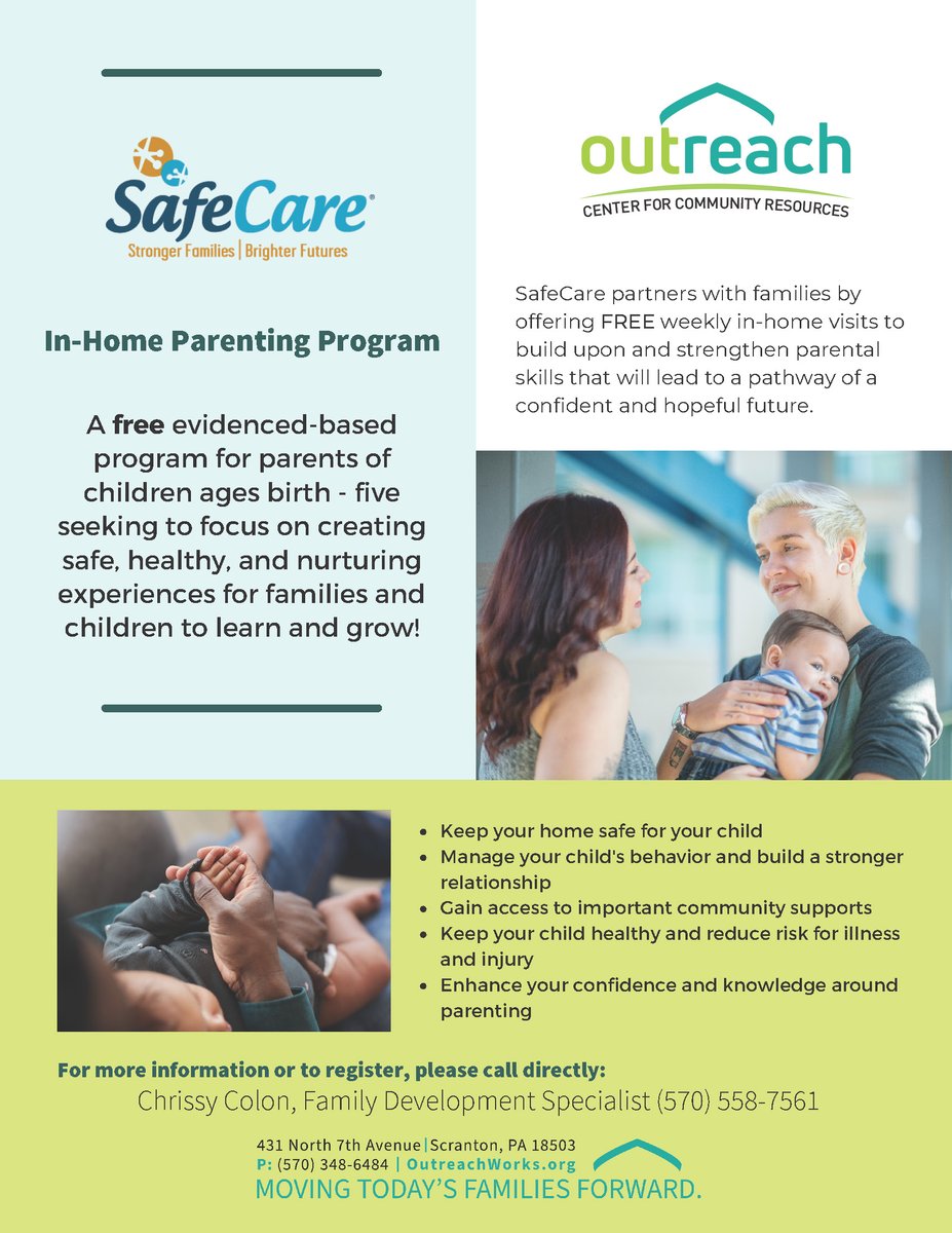 Raising our kids in a safe and healthy home will provide a bright future!
Call Chrissy Colon today to enroll in our free home-visiting program. 570-558-7561
#SafeCareAugmented #FamilySupport #FamilyPrograms #FamilyStability #OutreachWorks