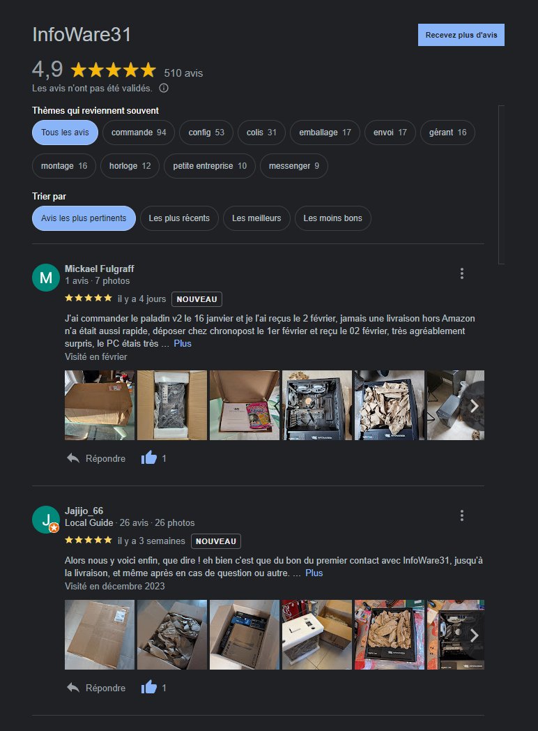 On a dépassé les 500 avis sur Google et bientôt les 300 avis sur Facebook, merci énormément !

Nous sommes également 14K followers sur la page Facebook, c'est incroyable pour une petite entreprise comme InfoWare31 !

Déjà plus de 7 ans en activité, ca me parait tellement fou !