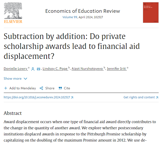AnnenbergInst's tweet photo. New paper from Annenberg's @linzcpage and @aizatnurshat, along with co-authors Danielle Lowry and Jennifer Iriti: "Subtraction by addition: Do private scholarship awards lead to financial aid displacement?"

https://t.co/CFJ7St8m71 https://t.co/DSanZfNB9J