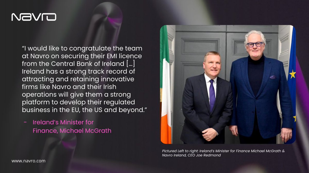 Navro is now officially authorised by both the <a href="/centralbank_ie/">Central Bank of Ireland</a>  the <a href="/TheFCA/">Financial Conduct Authority</a> as an Electronic Money Institution (EMI) to provide EU-regulated, global payment services 🌍 

👇 Read the full story in Finextra now:

finextra.com/pressarticle/9…

#EMI #Navro