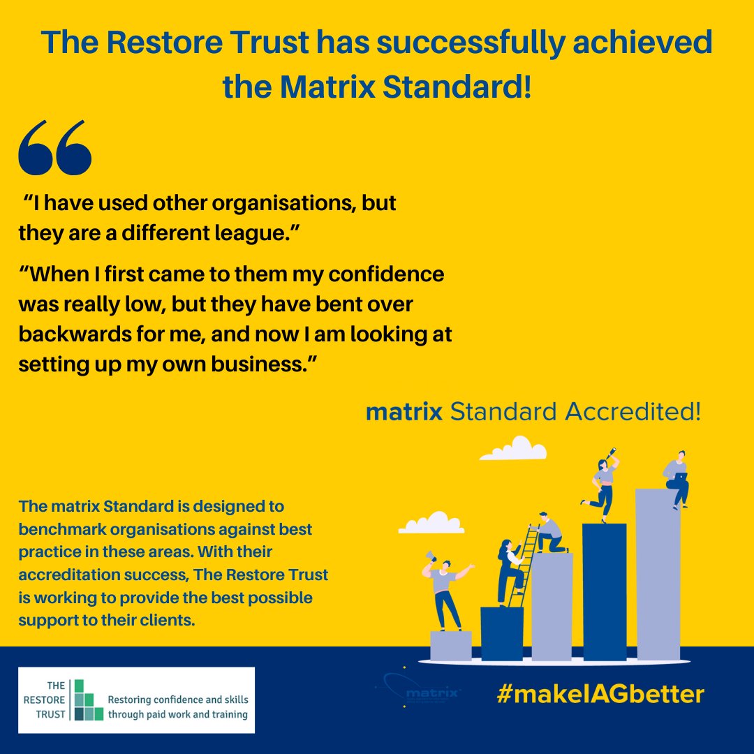 TheRestoreTrust's tweet photo. Thank you to our learners and partner organisations who participated in our Matrix inspection. We are pleased to have been awarded the Matrix accreditation another year running! 

#RestoreTrust #MatrixStandard #restoringconfidence https://t.co/4HGXJ9bG5A