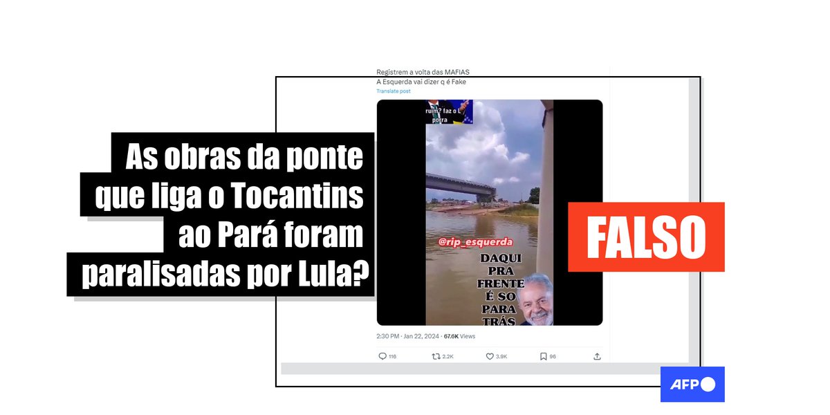 AfpChecamos's tweet photo. 🔍 Usuários nas redes sociais alegam que o governo Lula teria abandonado a construção de uma ponte no Tocantins.

Mas as obras da estrutura estão sendo realizadas, conforme informações do DNIT, com conclusão prevista para o segundo semestre de 2024.

➡️https://t.co/UMqzmoEIQh https://t.co/2TIT4iT8Md