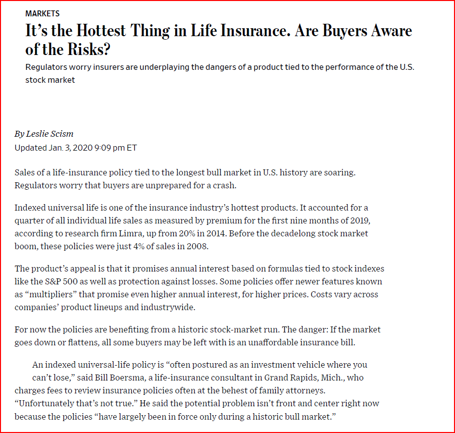 LifeInsGuy7's tweet photo. This is misleading and lacks enough data and facts to be so conclusive. It is also potentially lethal advice to young savers.
-Who is paying 2% on a 401K? The fiduciary could face a lawsuit from the savers.
 -You used linear rates of return, no down years? 
-IUL has a floor of 0% and a cap that can and does change. Caps have been coming down over the last few years. -What does this mean? If the market has a down year, the 0% floor kicks in, BUT policy fees are still charged, resulting in a negative year, say -3% or so. 
-If the market recovers and has an up 15% year, the cap kicks in, limiting your participation to the cap, say 8%. 8% less fees = about 5%, and you started at -3%. Very little recovery and nowhere near 6.71% 
-A few bad years, and you will NEVER recover. -You are NOT invested in the market. You own options based on an options budget, which is affected by interest rates and volatility. 
-The carrier also has the right to change fees, although they try to avoid it, it is a risk factor. 
-There is around a 0% chance of those withdrawals occurring due to the above, AND if there are down or low return years after premiums have stopped AND withdrawal is taking place, then the policy will likely lapse, causing a taxable event.  
-If the 6.71% linear ROR does not happen for 30 years, then there could be further calls for premiums. -We wouldn't see headlines like the one below if it were so simple. There is also a bunch of lawsuits going on; just Google it! 
-I am not saying don't do it, BUT work with an advisor who has a deep understanding of how these policies work and what the risk factors are. 
-Buyers can also look at the regulations under AG-49 and wonder why they have to keep updating them to keep up with the challenges these policies are having.

From the Wall St Journal. Try a Google search for similar from other media.

#Lifeinsurance #IUL