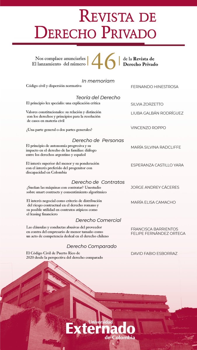 ¡📢 Emocionados de anunciar el lanzamiento del Número 46 de nuestra Revista de Derecho Privado! 📚 Descubre las últimas tendencias, análisis y debates que marcan pauta en el derecho. Léalo aquí:  bit.ly/49wsgRR