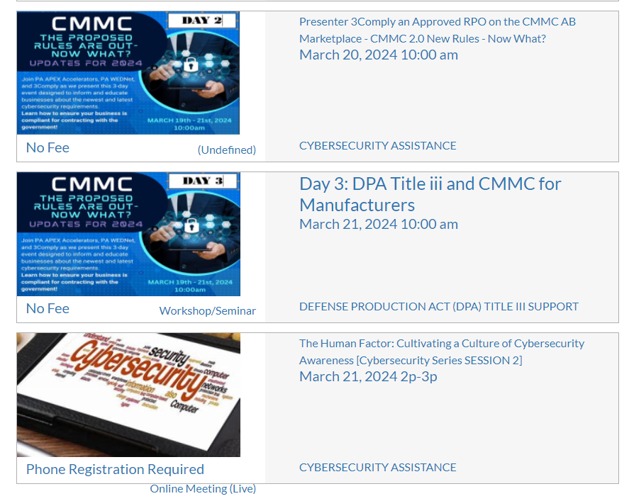 nwpa_apex's tweet image. We&apos;re joining fellow #APEXAccelerators &amp;amp; other Business Resources to offer quite a line-up of FREE webinar trainings covering various aspects of #Cybersecurity awareness &amp;amp; updates on #CMMC compliance. Check them out &amp;amp; sign-up for any/all sessions via: nwpaptac.ecenterdirect.com/events