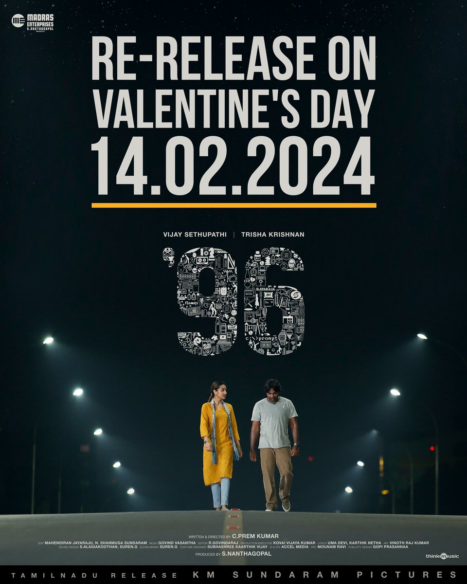 Big #ValentineDay Re-Release on Feb 14 all over #TamilNadu - the @VijaySethuOffl - @trishtrashers Evergreen Romantic Classic -96! #TN Re-Release via K M SUNDARAM PICTURES” @kmspictures_ At #KamalaCinemas 96 for ₹96 per ticket!