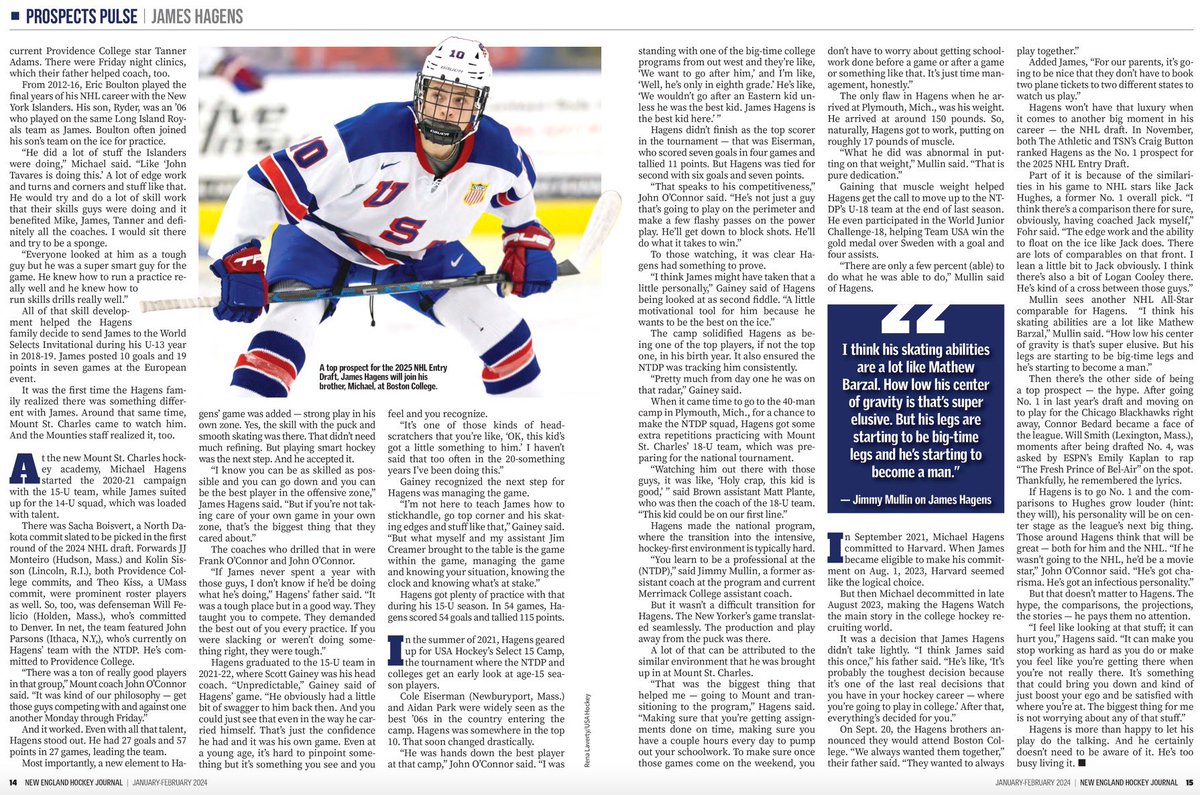 The Hagens’ brothers stood out both on and off the ice while at Mount. Michael is having success in the USHL and will be attending BC this fall. 
This <a href="/NEHockeyJournal/">New England Hockey Journal</a> article highlights James’ path and how he has become the most highly touted prospect for the 2025 NHL Draft.