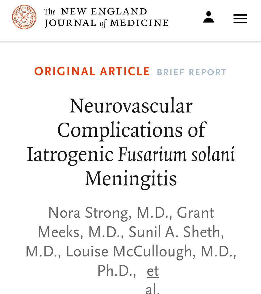 almagoch's tweet photo. El @NEJM publicó ayer el seguimiento de 13 pacientes con #meningitis por Fusarium solani, un 🍄🟫 que adquirieron durante una anestesia epidural en #Matamoros, Tamaulipas. 9 ☠️ x un🍄🟫 angioinvasor del sistema vertebrobasilar. Los supervivientes están recibiendo #fosmanogepix. https://t.co/3nUdFUq7p5