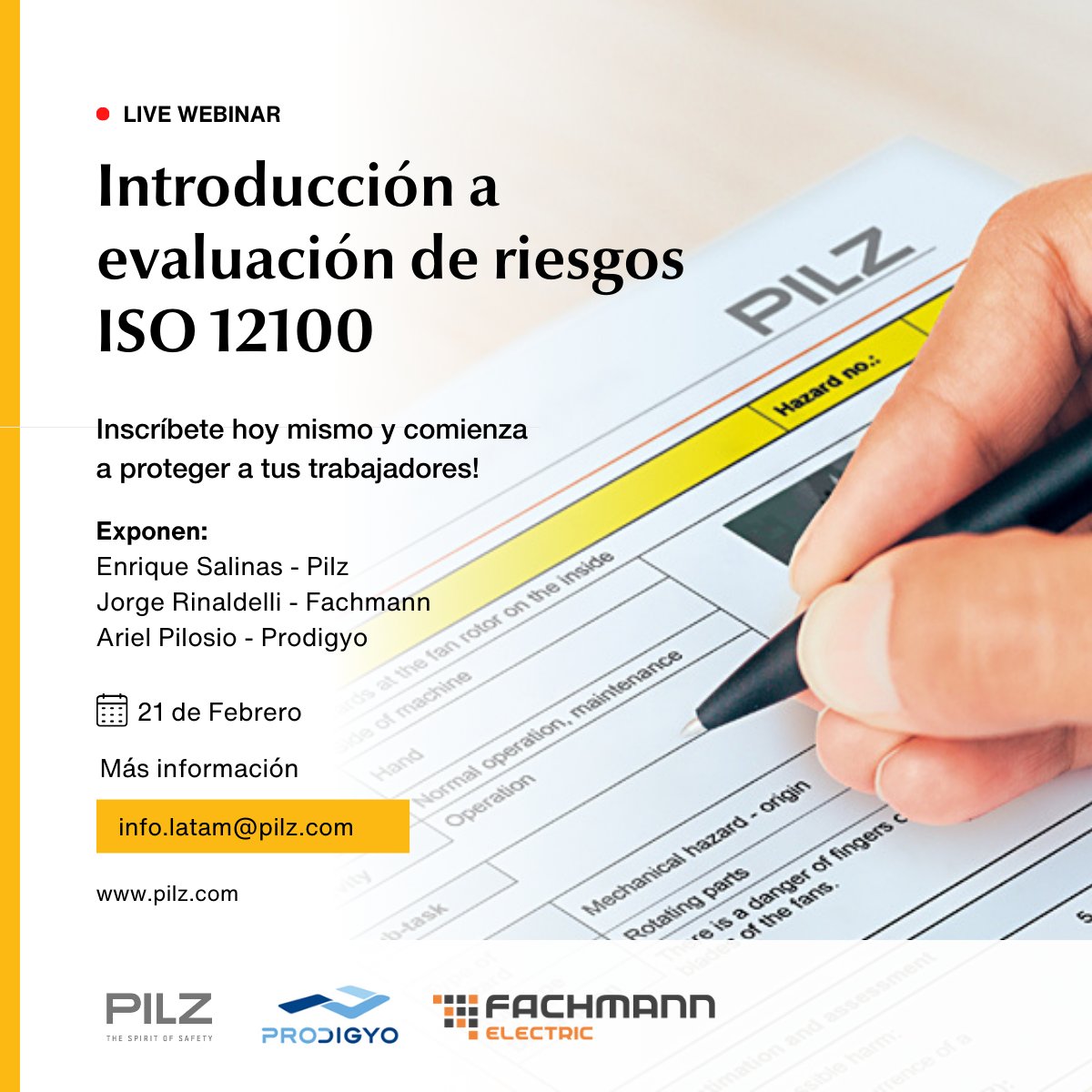 Te invitamos a nuestro webinar sobre Evaluación de Riesgos en máquinas industriales según la norma ISO 12100.
Fecha: 21 de febrero - 11:00Hs
Duración: 1h
Inscribite en:
pilz.com/es-MX/company/…
