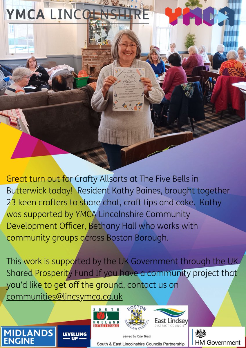 YMCALincs's tweet photo. Great turn out for Crafty Allsorts at The Five Bells in Butterwick today! Resident Kathy Baines, brought together 23 keen crafters to share chat, craft tips and cake. #UKSPF #SELCP #ELDC #BDC #SHDC https://t.co/VKXVbK2CcG