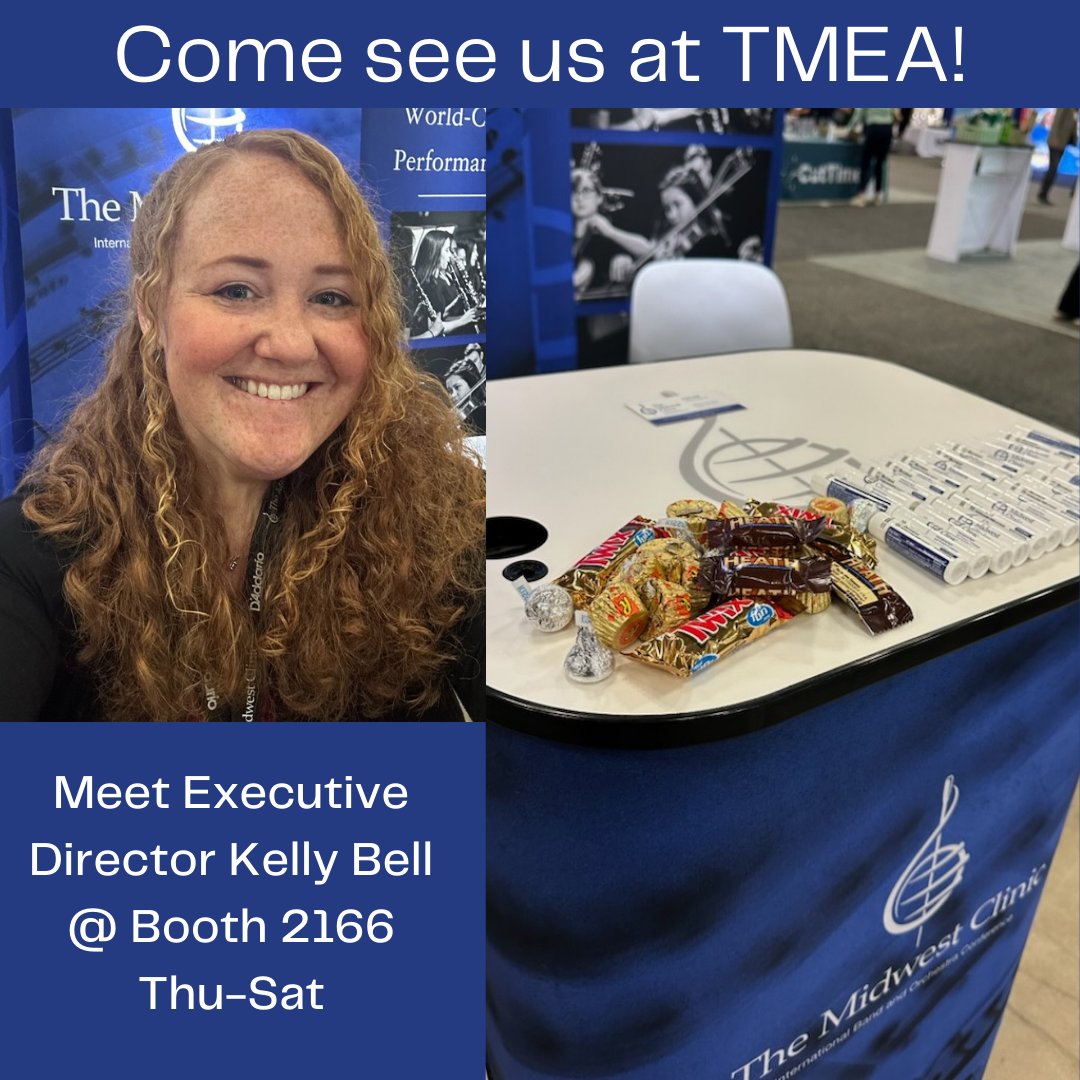 We’re at #TMEA2024 through Saturday! Meet Executive Director Kelly Bell at Booth 2166 and get answers to all your questions about applying to perform or present a clinic, what the Midwest Clinic is all about, and special opportunities for early-career professionals and students.