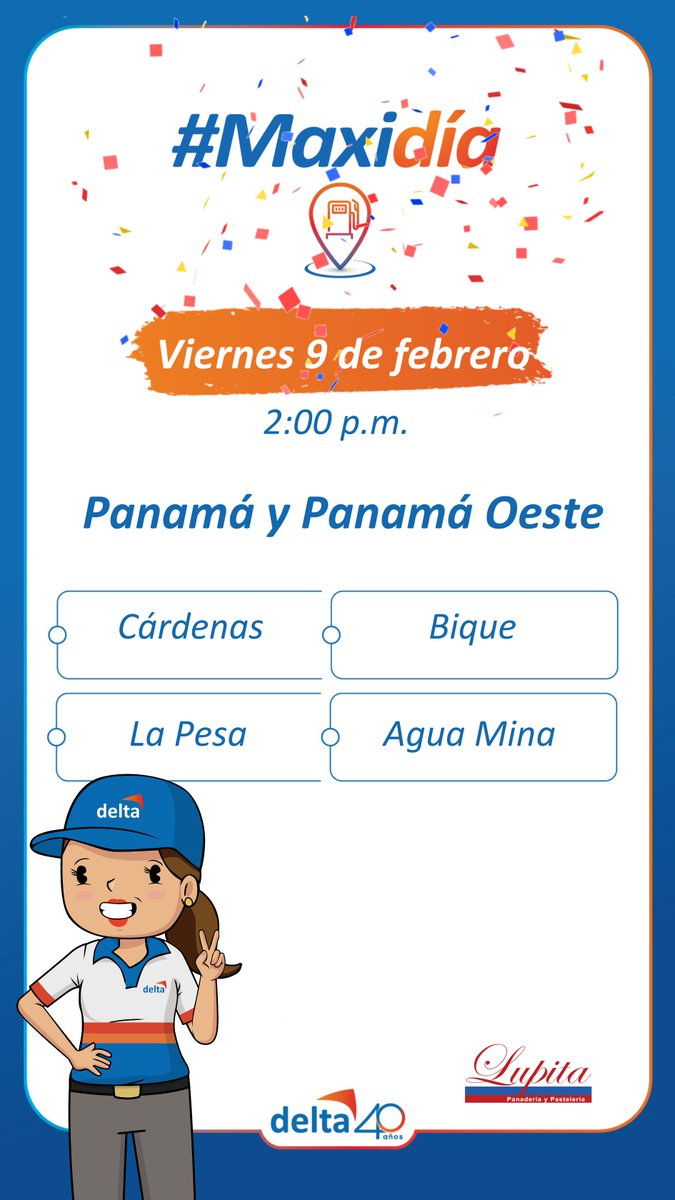 PetroleosDelta's tweet photo. Hoy es viernes de #Maxidia, toma nota de las estaciones participantes, te esperamos. #HayUnaDeltaCerca #Carnavales #Panama #PanamaOeste #Chiriquí https://t.co/cRgwm3Jx0k