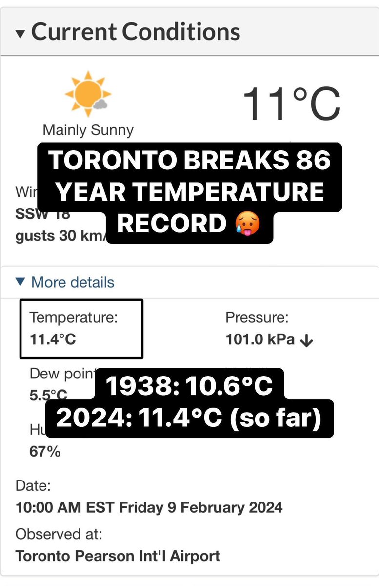 #ONStorm #ONwx Wow! 😳 It's only 10 AM, and we're already shattering temperature records today.

Toronto Pearson International Airport has just reported a temperature of 11.4°C, surpassing the previous record of 10.6°C set way back in 1938!

Currently, Hamilton holds the title