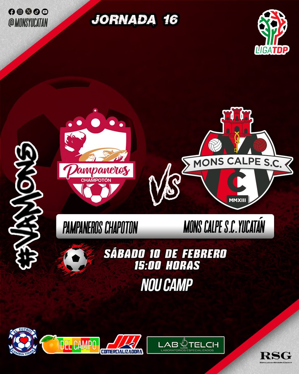 MonsYucatan's tweet photo. Llega la jornada 16 en la  liga TDP

🆚 Pampaneros Chapotón 
📅 Sábado, 10 de febrero
⏰ Hora: 15:00
🏟️ Lugar: Nou Camp
 
#VaMons enfocados en la victoria y en conseguir los 3 puntos🙌 en esta jornada 16
#Monsyucatan #VaMons #Yucatan #Futbol #futbolyucateco #yucatanmexico https://t.co/YCnGYU6iQB