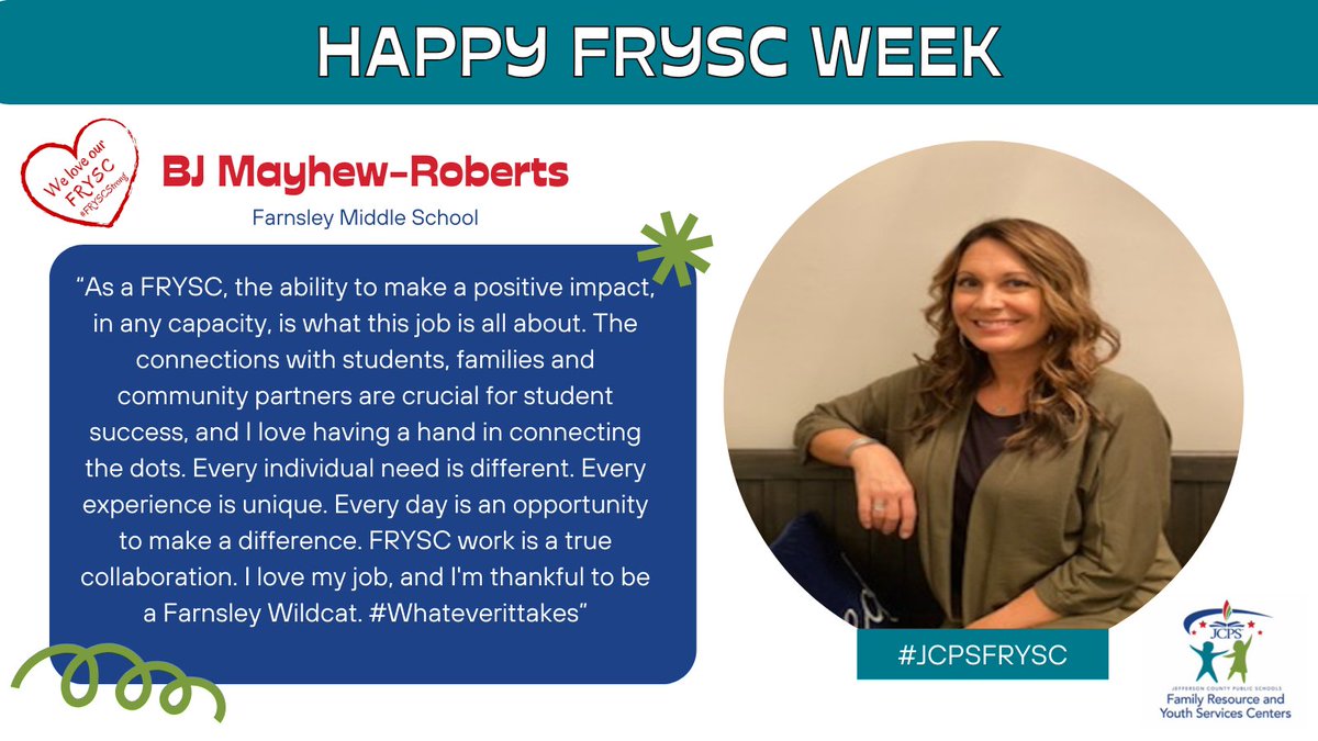 JCPS (@jcpsky) on Twitter photo 🎉 CELEBRATING OUR FRYSCs | Happy FRYSC Week to all of the Family Resource and Youth Services Center leaders across JCPS! We're excited to highlight incredible <a href="/FRYSC_JCPS/">FRYSC JCPS</a> staff throughout the week!
Today's 🌟: BJ Mayhew-Roberts
🏫: <a href="/farnsleymiddles/">Farnsley MS</a> 🎉 CELEBRATING OUR FRYSCs | Happy FRYSC Week to all of the Family Resource and Youth Services Center leaders across JCPS! We're excited to highlight incredible <a href="/FRYSC_JCPS/">FRYSC JCPS</a> staff throughout the week!
Today's 🌟: BJ Mayhew-Roberts
🏫: <a href="/farnsleymiddles/">Farnsley MS</a>