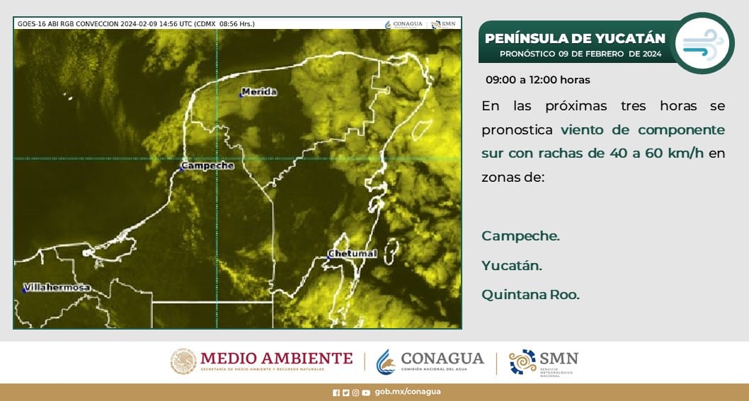 MaraLezama's tweet photo. Quintanarroenses, en las próximas horas se pronostica viento de componente sur con rachas de 40 a 60 km/h. 💨 Tomemos precauciones y mantengámonos informados a través de medios oficiales. 

@conagua_clima 
@ProtCivil_QRoo https://t.co/Y5YdMdakny