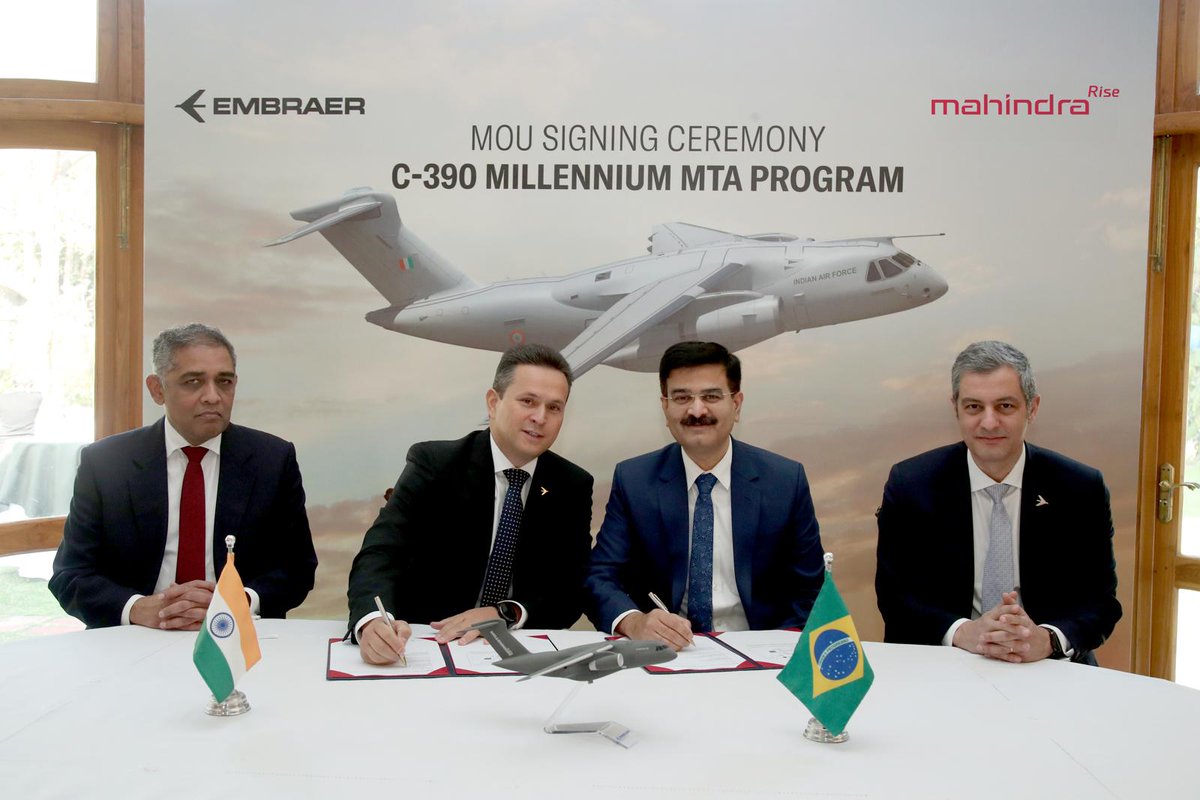 embraer's tweet photo. #NOTÍCIA | Embraer Defesa & Segurança e
@MahindraRise
anunciam colaboração para o C-390 Millennium na Índia. Leia notícia completa: https://t.co/youJTUdlgU. #UnbeatableCombination #C390 #Millennium #EmbraerStories https://t.co/skZGIOIDan