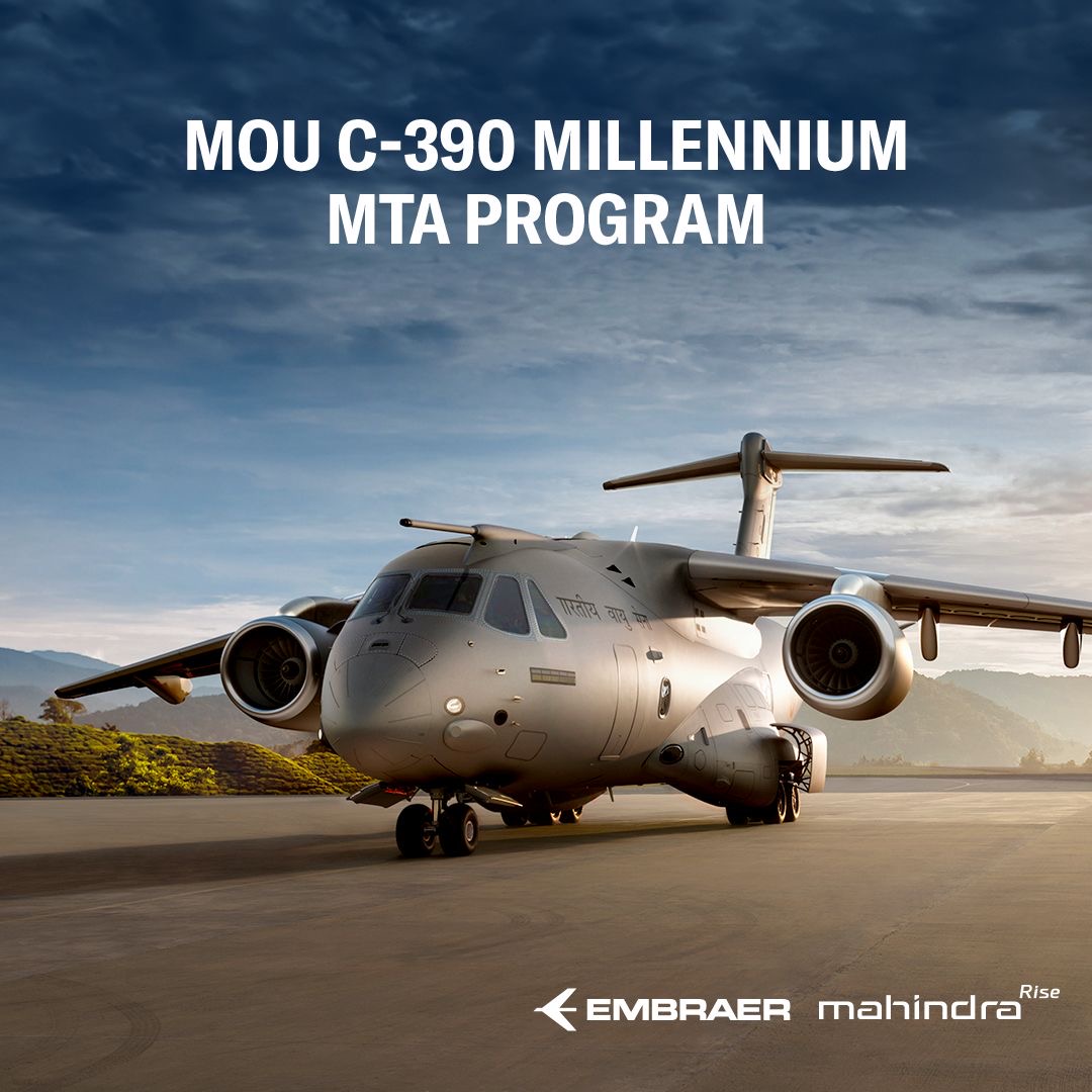 embraer's tweet photo. #NOTÍCIA | Embraer Defesa & Segurança e
@MahindraRise
anunciam colaboração para o C-390 Millennium na Índia. Leia notícia completa: https://t.co/youJTUdlgU. #UnbeatableCombination #C390 #Millennium #EmbraerStories https://t.co/skZGIOIDan