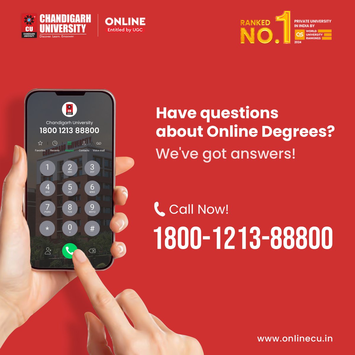 Curious about online degrees? We've got answers! Call 1800121388800 today and explore the world of online education with #ChandigarhUniversityOnline Your future, your decisions! 

Apply for online degree programs at:- apply.onlinecu.in/index.aspx?typ…

#onlineCU #OnlineDegrees