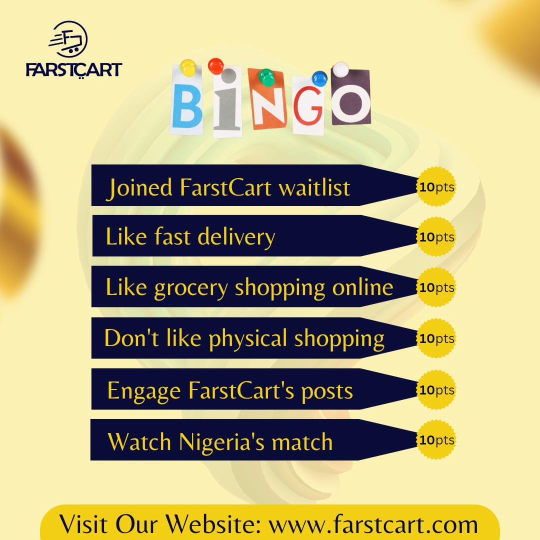 Farstcart's tweet photo. Let’s have some fun today😃 tell us your score in the comment section 

We are excited to see how many people will have 60/60

#grocery #groceryshopping #launch #launchingsoon #onlinegrocerystore #farstcart #waitlist #nigeria #afcon2024 #supereagles #bingo https://t.co/9ljc4fJUIB