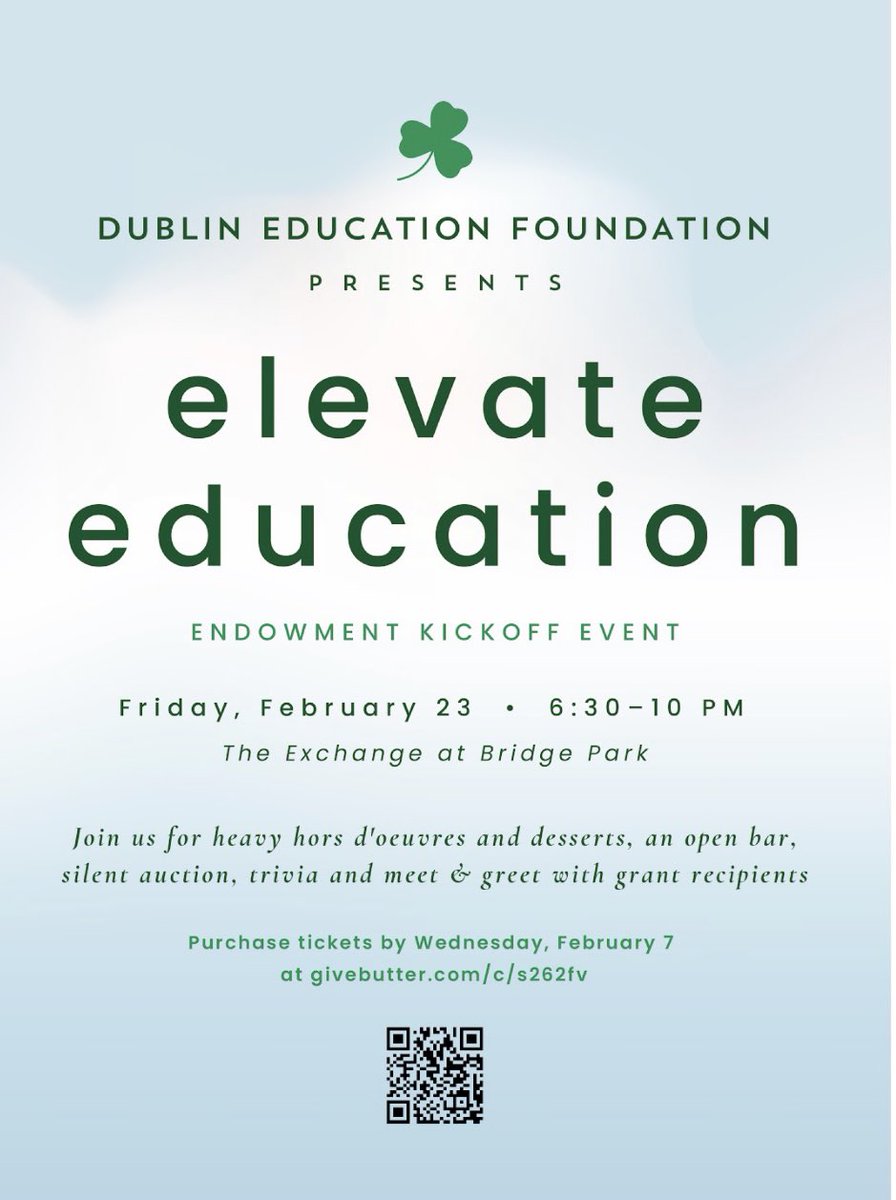 The Dublin Education Foundation turns 25 this year! Tickets available thru 2/11
Join DEF in our endowment kick-off 
🗓️ Feb 23 
⏱️ 6:30-10 pm
📍 The Exchange 
🎟️ givebutter.com/c/s262fv

#teachergrantsharing #virtualsilentauction #bettertogetherdcs