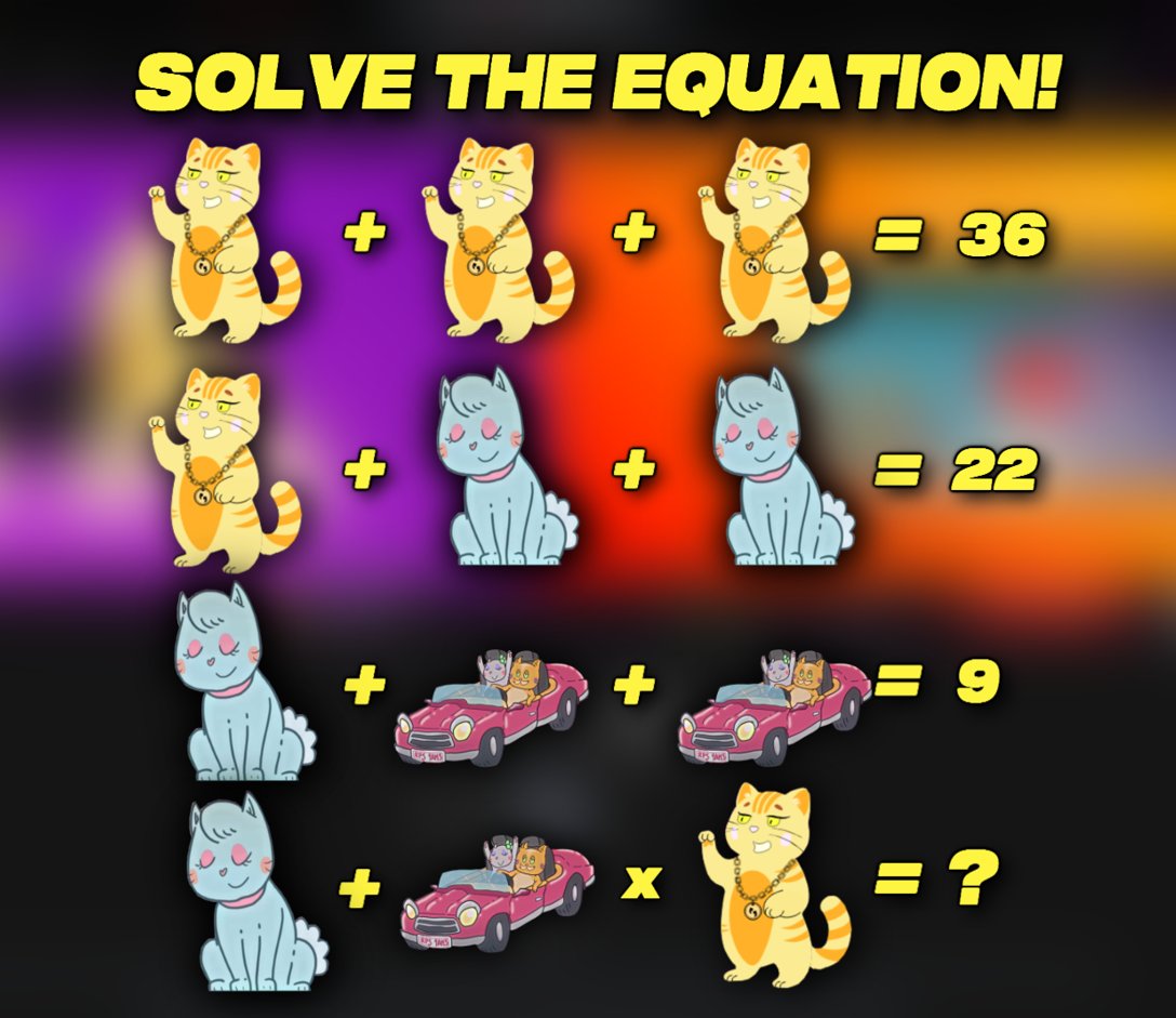 animaldexapp's tweet photo. ๐ฐ CAT COMP #51 ๐ผ:
Solve the equation! One correct answer will walk away with $50!
โ Retweet + Tag frens ๐ฅ
โ 1 winner ($50 / 0.020 ETH)
โ 12 HRS โณ
#giveaway #rpsgame https://t.co/7cTVqkeyzN
