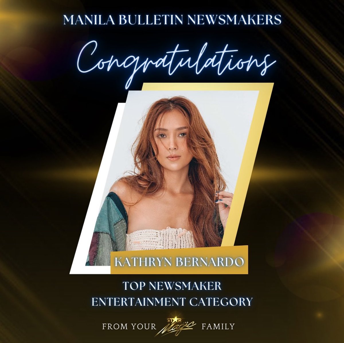 Another hurrah for Kathryn Bernardo as she makes it to Manila Bulletin’s ✨Top Newsmaker Entertainment Category✨! 

Congrats, Kath! 👏🏻

#KathrynBernardo #ManilaBulletin #TatakStarMagic #StarMagic
