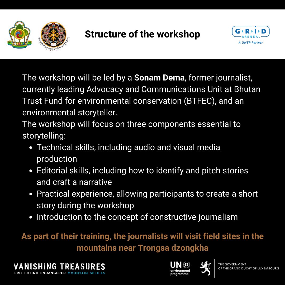 UNEP_AsiaPac's tweet photo. 🌍 Join us in Thimphu, Bhutan, 6-9 March 2024 for an empowering Communication Workshop from the #VanishingTreasures programme on Climate and Environment Storytelling! 📢  ⏰ Application Deadline: 15 February 2024
✍️ Application form: https://t.co/27Lbi6A3kp https://t.co/eYuAaUOwvi