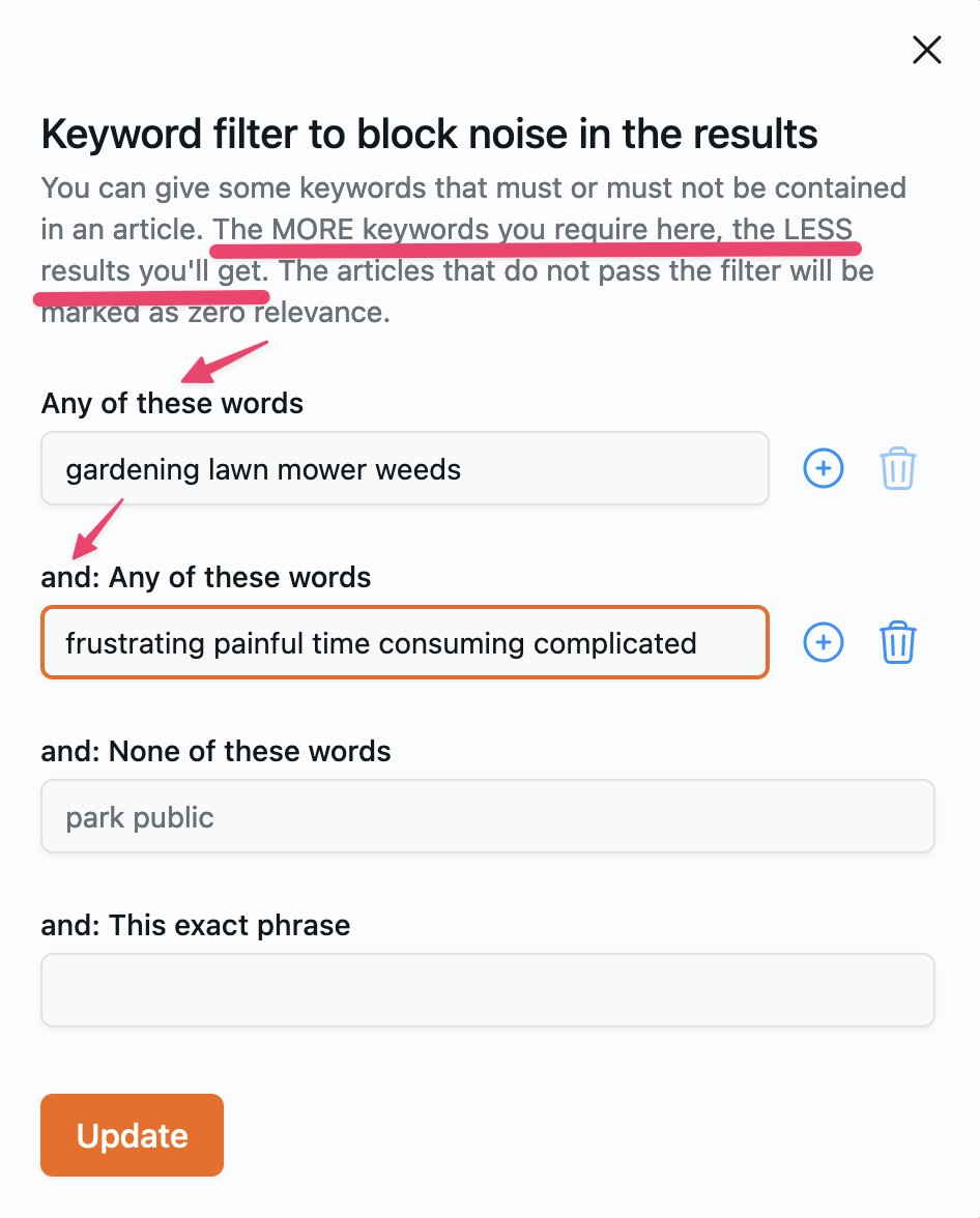 CustomerPing's tweet photo. 👀Here is a tip for getting customers more easily.

A common mistake that people make in CustomerPing is to add *too many keywords* to the filter, so nothing gets through.😳

Fill one line with the things your customers deal with, and fill another line with painful keywords. 👍 https://t.co/ARlIR3Rixb