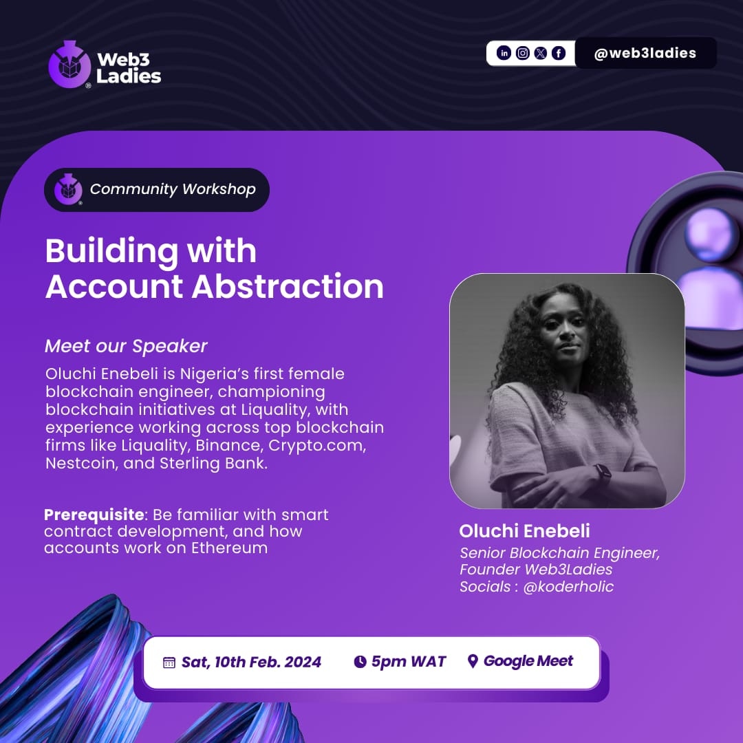 koderHolic's tweet photo. I am excited to do this workshop with the Web3Ladies community!!! 

I have been exploring and building with account abstraction, and I think this is the future of wallet interactions.

Come join me as I guide participants through the intricacies of building https://t.co/5Fvj7UYNFQ
