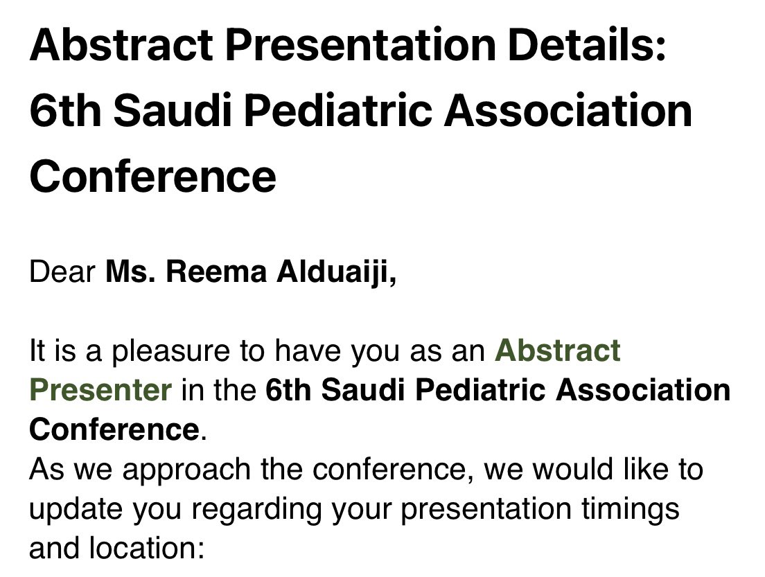 ReemaYousefD's tweet photo. Such a great opportunity to attend and present an abstract at the 6th Saudi Pediatric Association Conference โจ
#SPAC6 https://t.co/lHr68PeKKQ