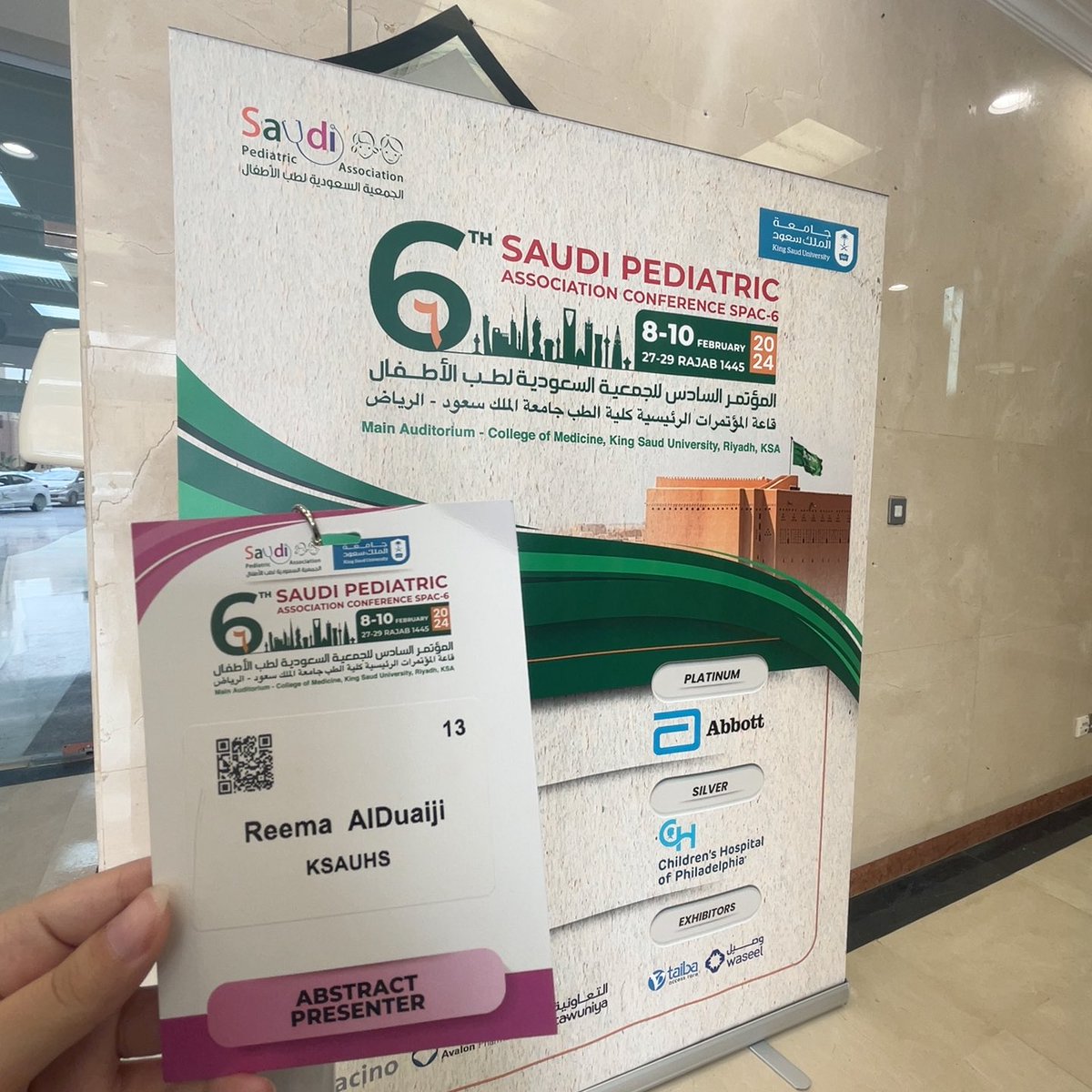 ReemaYousefD's tweet photo. Such a great opportunity to attend and present an abstract at the 6th Saudi Pediatric Association Conference โจ
#SPAC6 https://t.co/lHr68PeKKQ