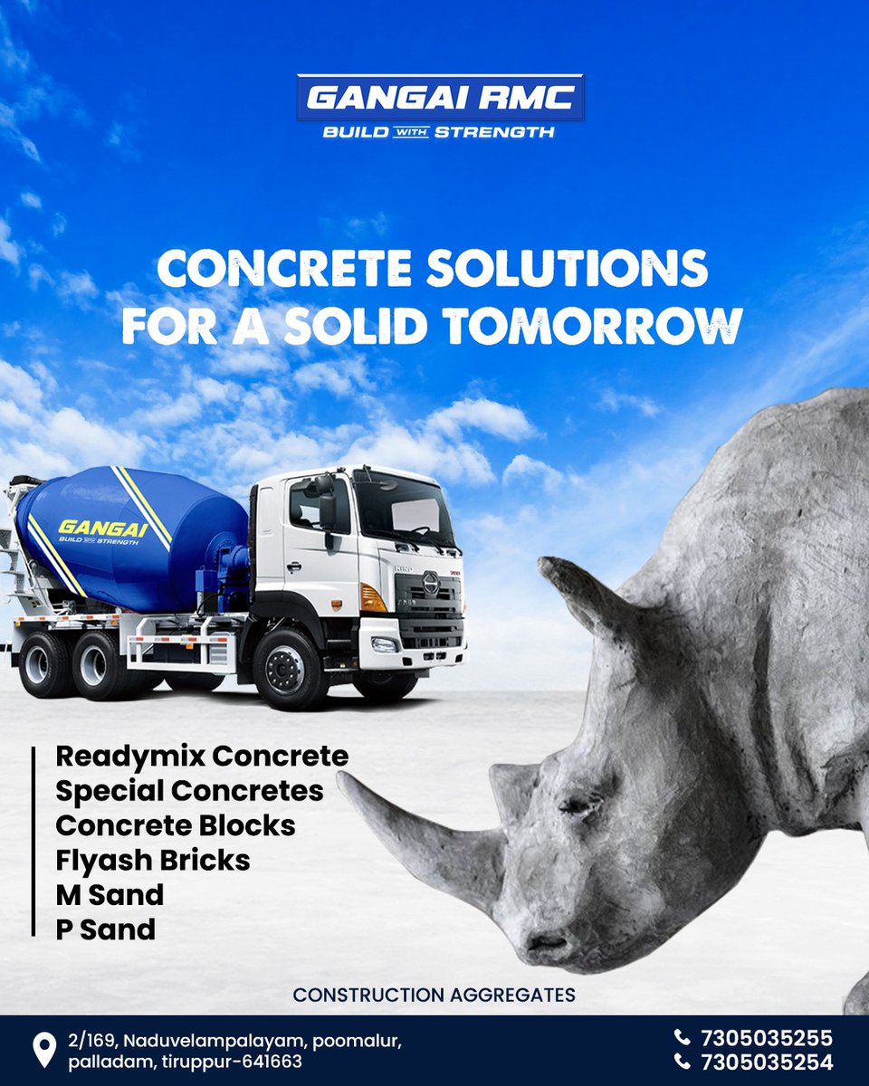 Concrete solutions for a solid tomorrow. 🌆👷‍♂️
Readymix Concrete
Special Concretes
Concrete Blocks
Flyash Bricks
M Sand
P Sand
Construction Aggregates

Gangai RMC
Ph: 7305035255 / 7305035254

#SolidFoundations #SuperiorStrength #GangaiRMC #InnovationMeetsConcrete #SolidRealities