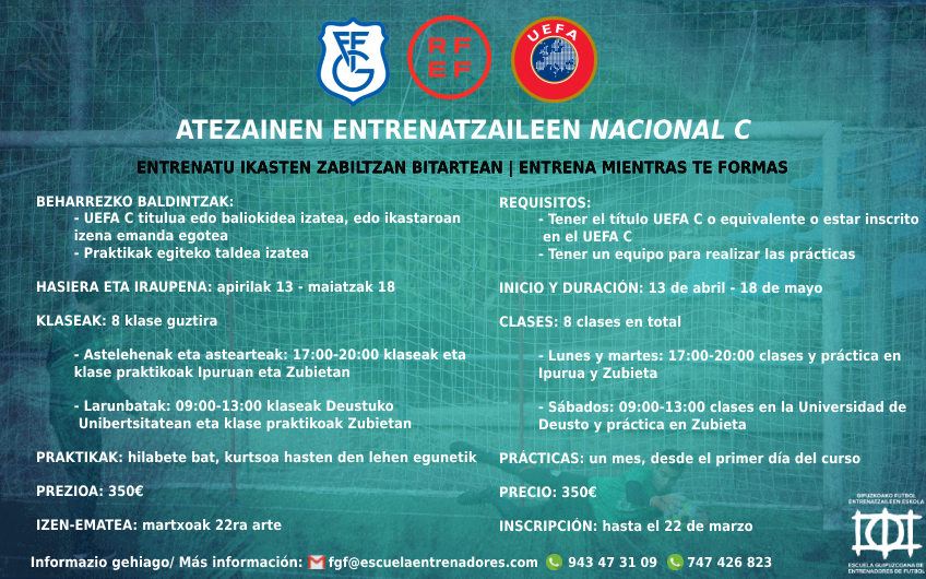 📢 Atezainen entrenatzaile izateko NACIONAL C ikastaroa
📢 Nuevo curso NACIONAL C de entrenador/a de porteros/as

ℹ️ Informazio gehiago/ más información📩fgf@escuelaentrenadores.com

➡️ Izen-ematea/ inscripción: lc.cx/JwoPGU

ANIMA ZAITEZ!