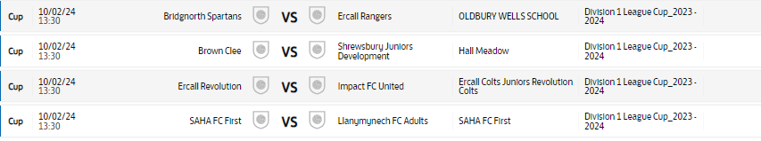 Division 1 League Cup fixtures for Saturday 10th Feb @SpartansJFC @ErcallColts @BrownCleeFC @shrewsburyjnrfc @ErcallColts @Impactunitedfc @SAHAFC_Mens @LlanymynechFC